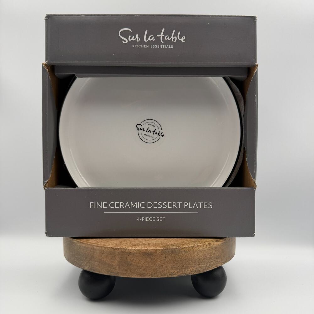 Sur La Table Fine Ceramic Dessert Plates 4-Pack 7.75" White With Black Rim NIB
